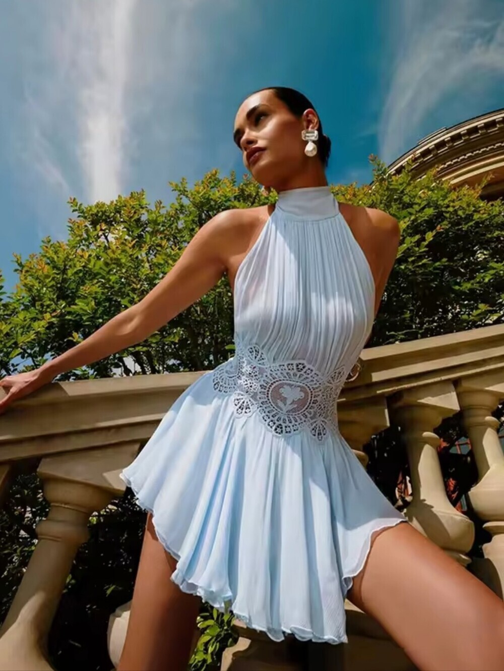Light Blue Halter Lace-Waist Pleated Mini Dress